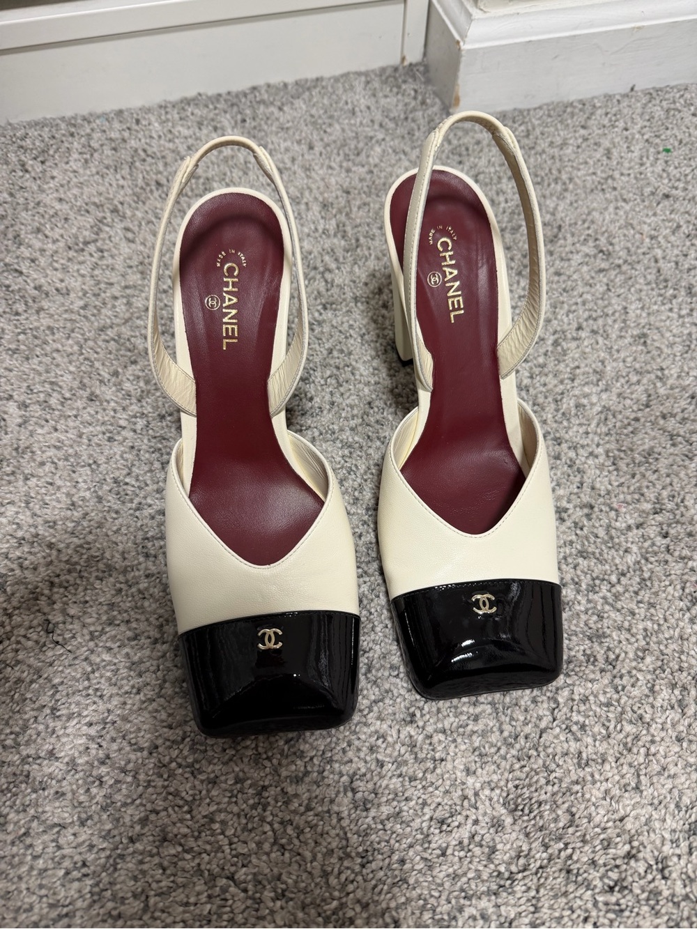 CHANEL MATHEW BLAZY Square toe ivory black sling backs size 39